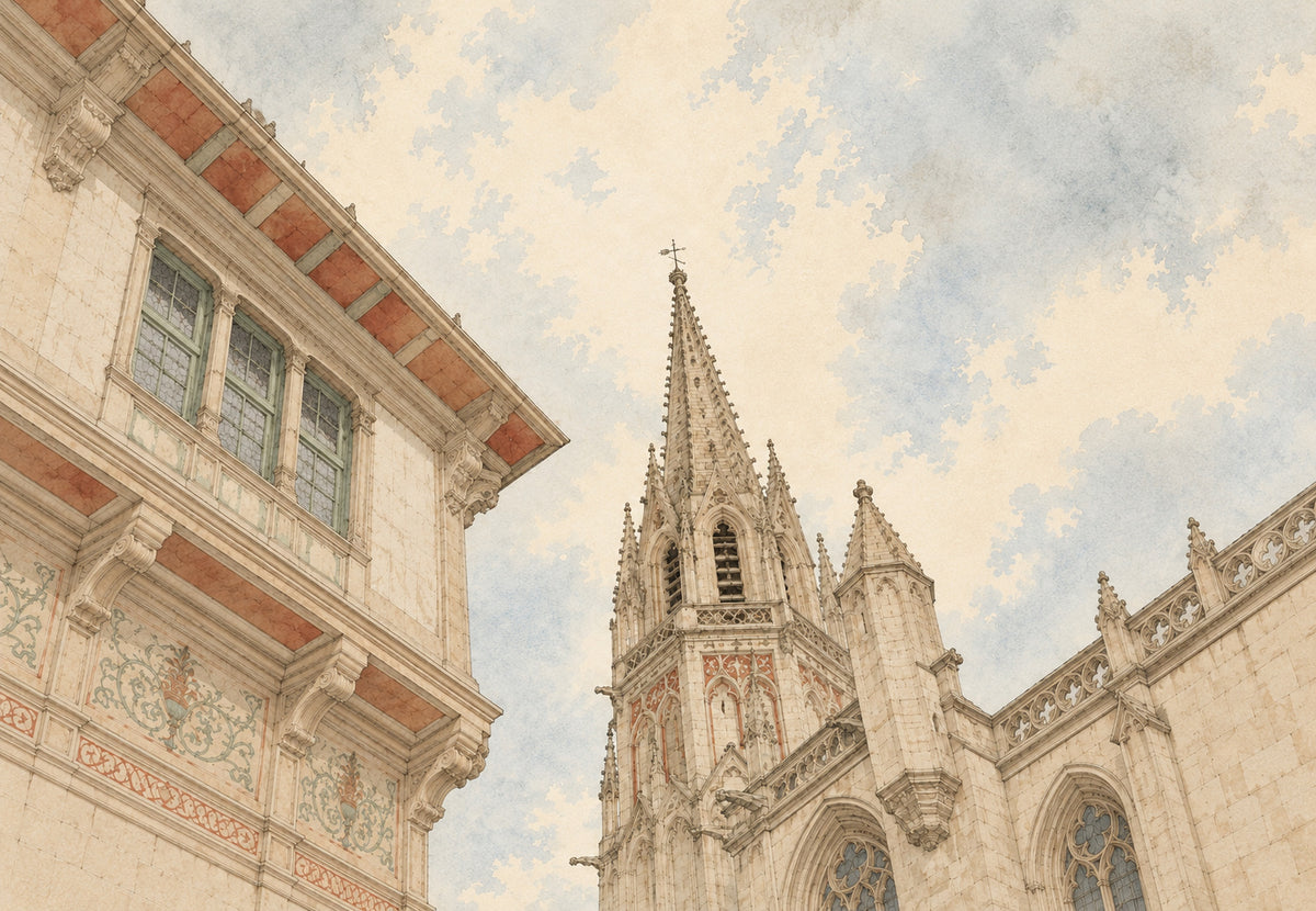 Quimper, Kathedralturm und Fachwerkhaus (Querformat)
