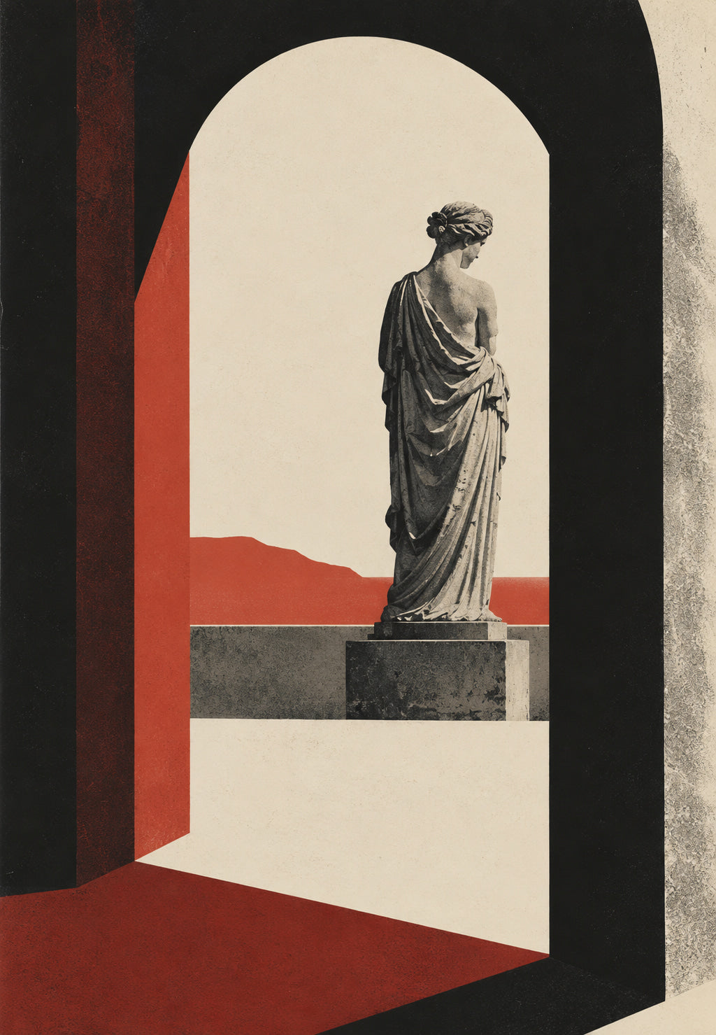 Draped Statue Beneath a Scarlet Arch