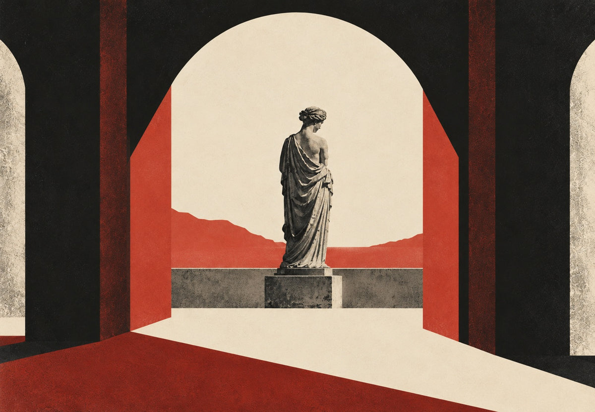 Statua drappeggiata sotto un arco scarlatto (Orizzontale)