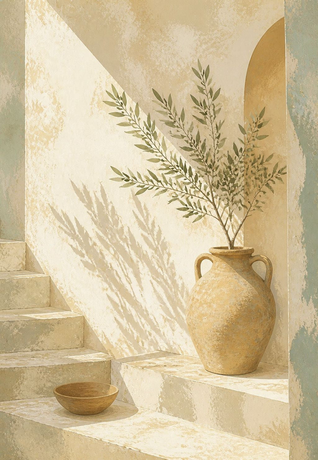 Terracotta Jug and Olive Branch in the Sun