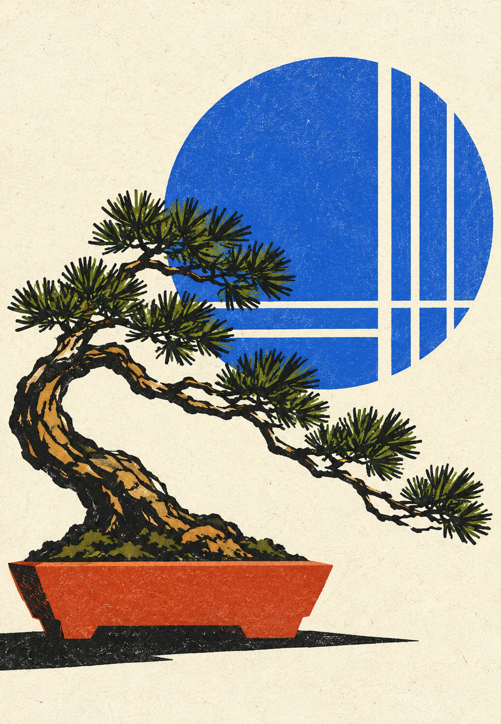 Bonsai vor großer blauer Scheibe