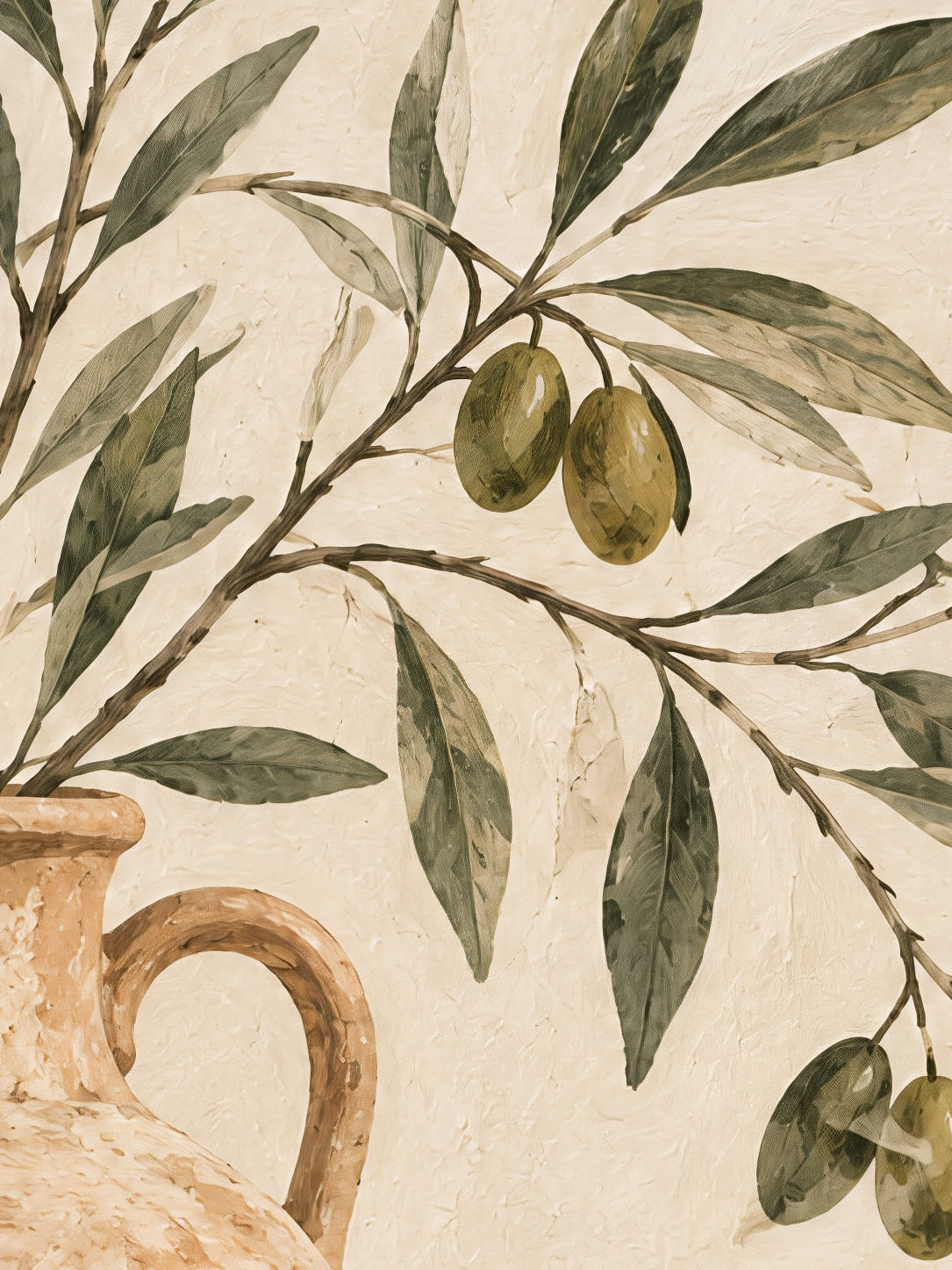 Detail a taille reelle du tirage, affiche nature branche d olivier en amphore de terre cuite
