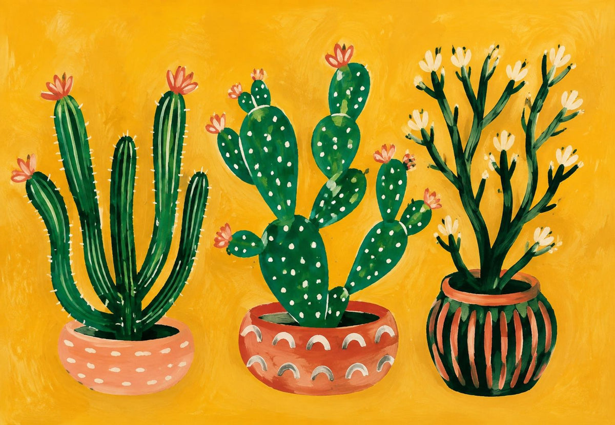 Cactus fioriti in vasi di terracotta (Orizzontale)