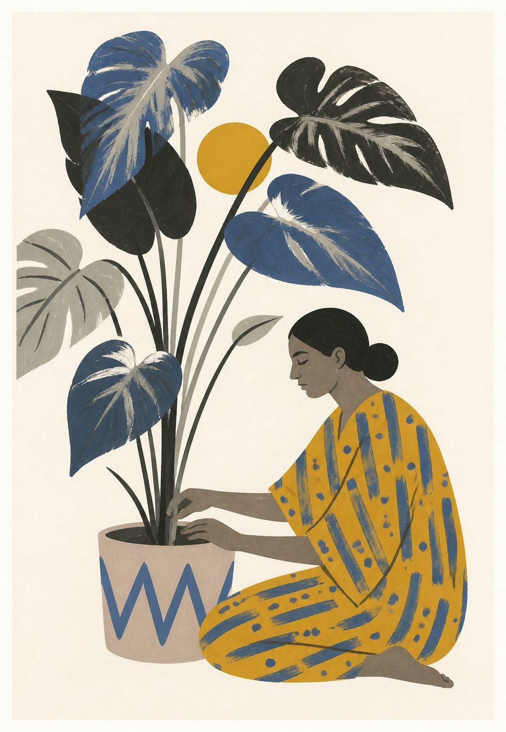 Frau im gelben Kimono mit blauer Monstera