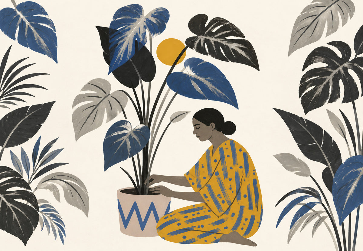 Woman in a Yellow Kimono with a Blue Monstera (Landscape)