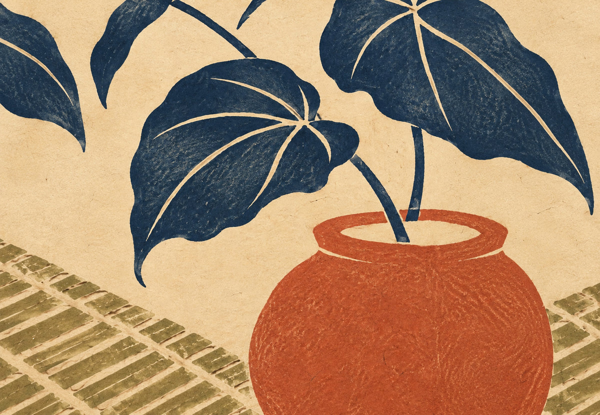 Navy Blue Leaves and Terracotta Pot (Landscape)