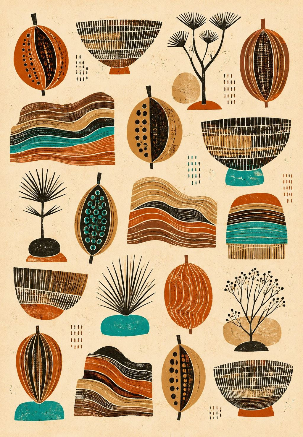 Seeds, Bowls and Plants on a Sand Background