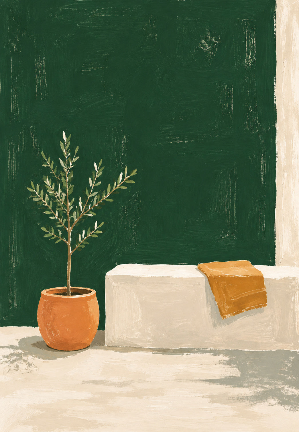 Giovane ulivo in vaso davanti a un muro verde