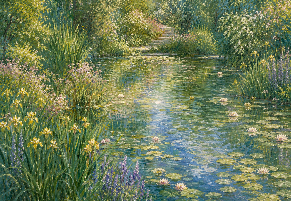 Der blühende Weg am Teich (Querformat)