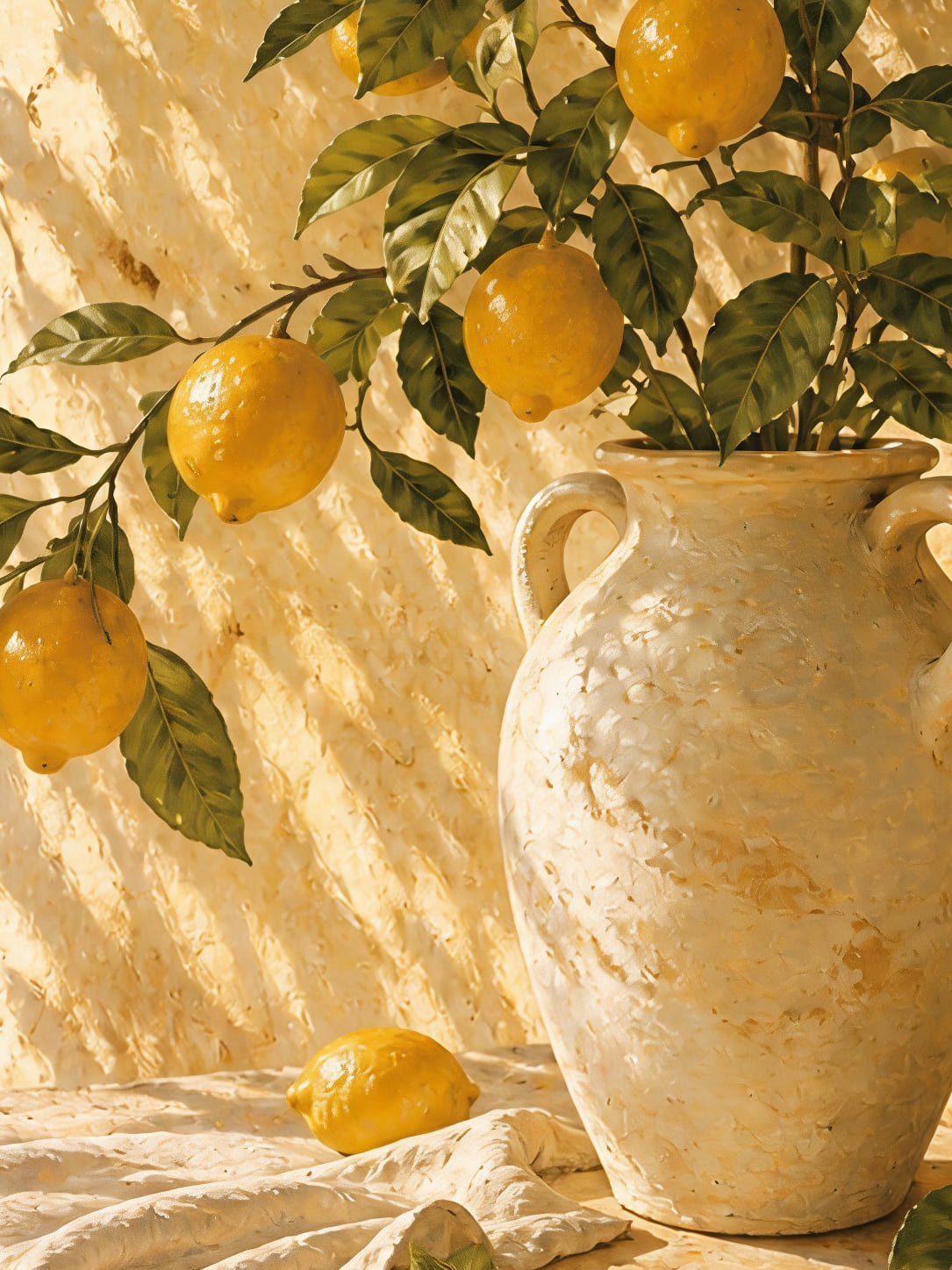 Detail a taille reelle du tirage, affiche nature le citronnier et la jarre ancienne paysage