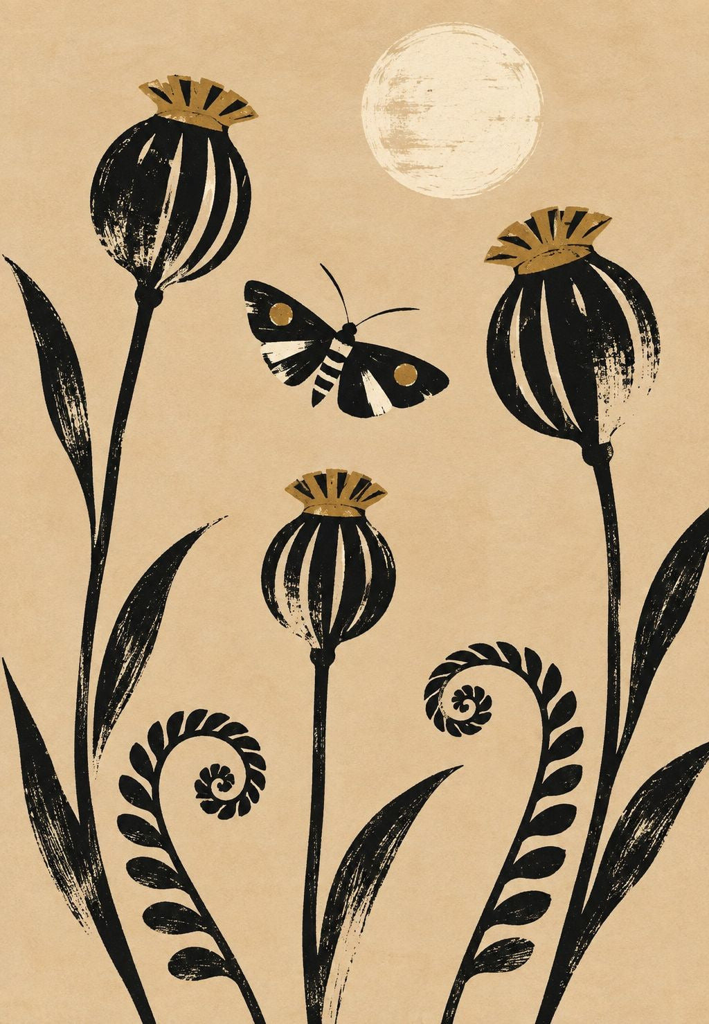 Poppies and Moth Under the Full Moon