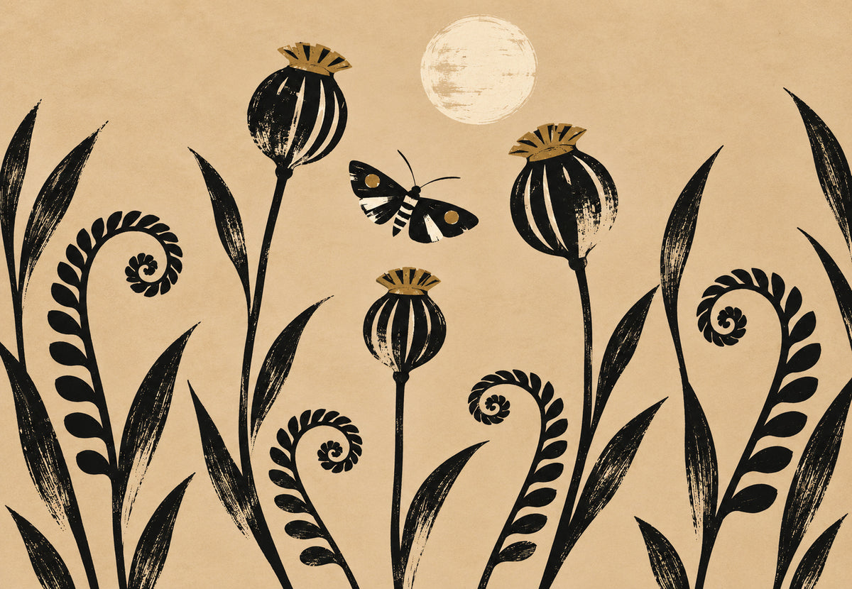 Poppies and Moth Under the Full Moon (Landscape)