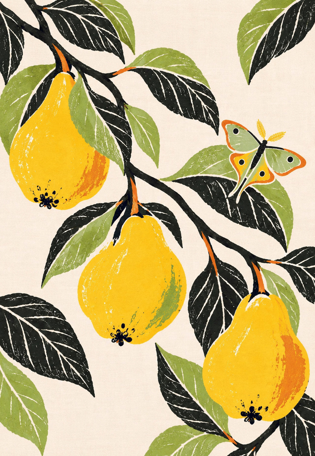 Golden Pears and a Moth on a Branch