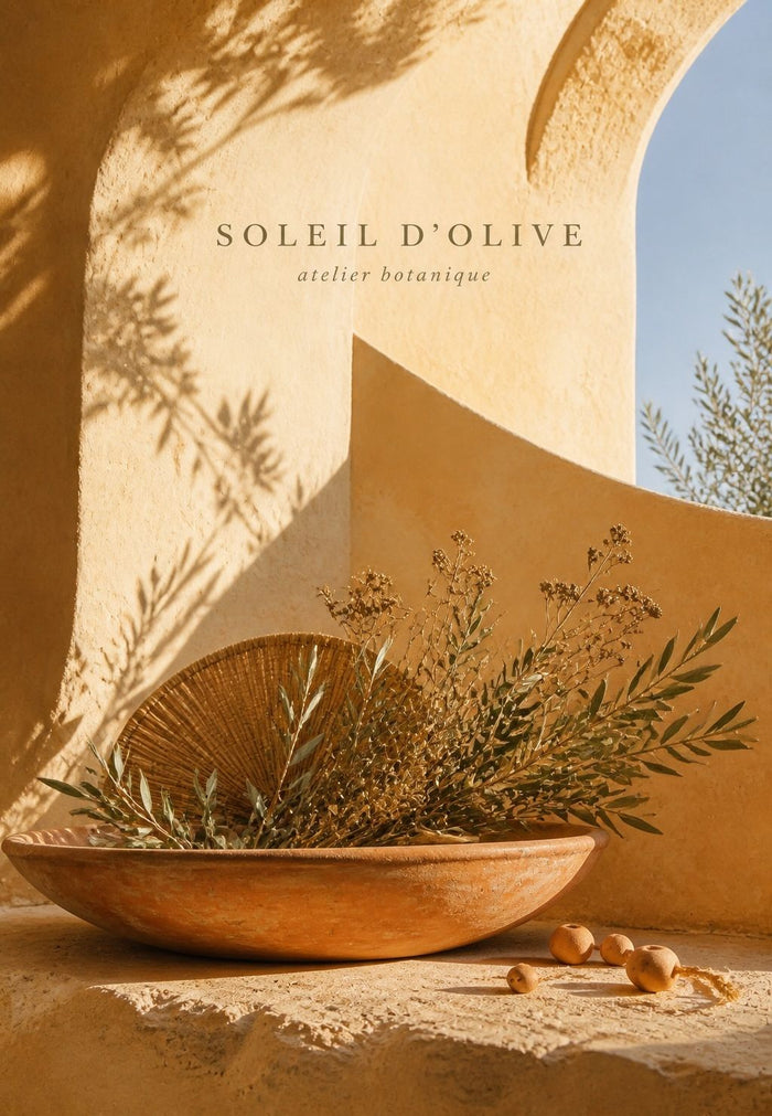 Un plat en terre cuite déborde de branches d'olivier mêlées à des fleurs séchées et un éventail en fibres tressées, posé sur un rebord couleur sable.