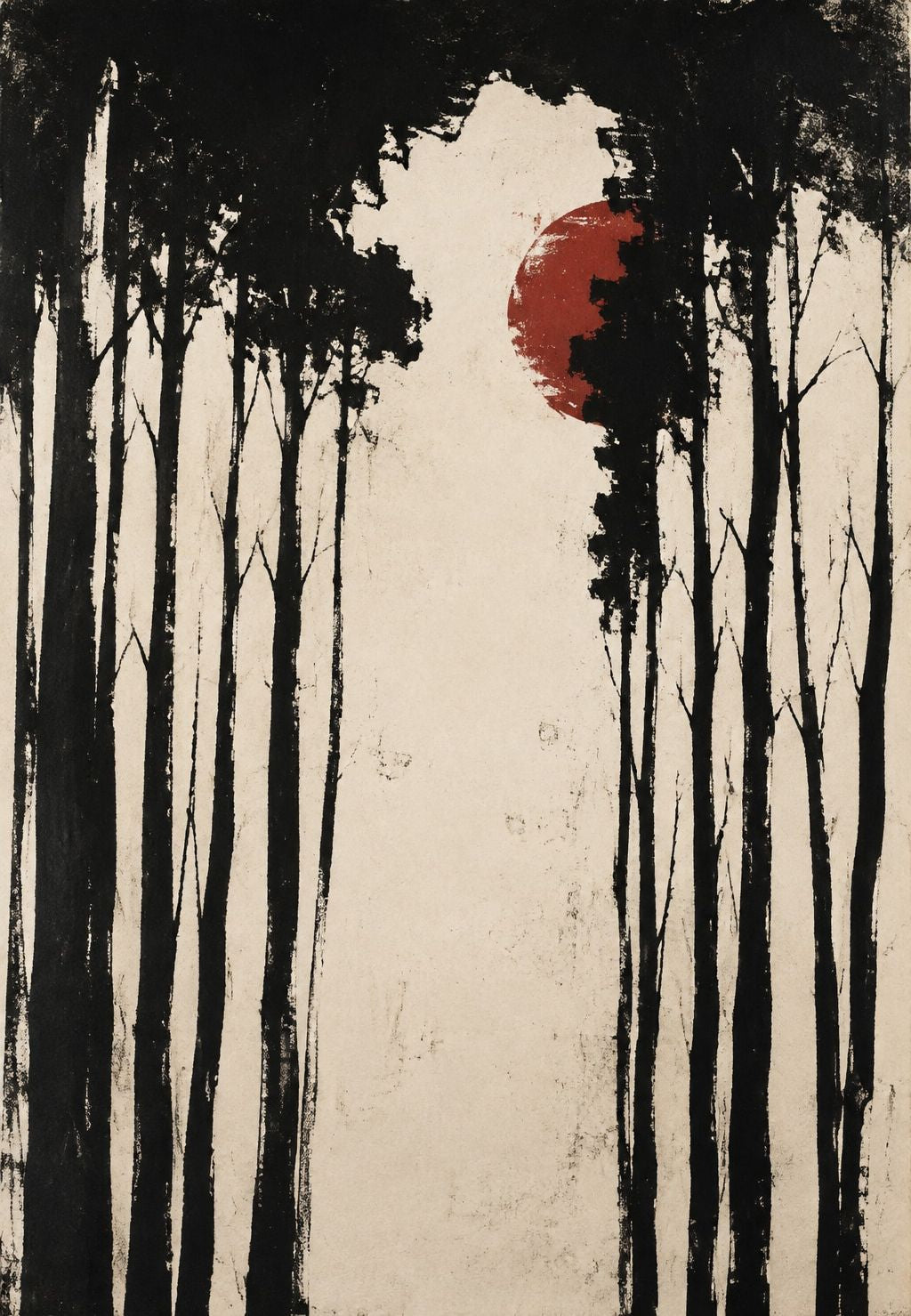 Sole rosso tra pini neri