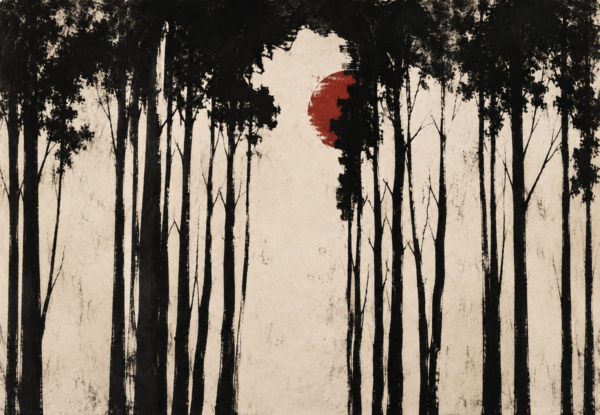 Red Sun Among Black Pines (Landscape)