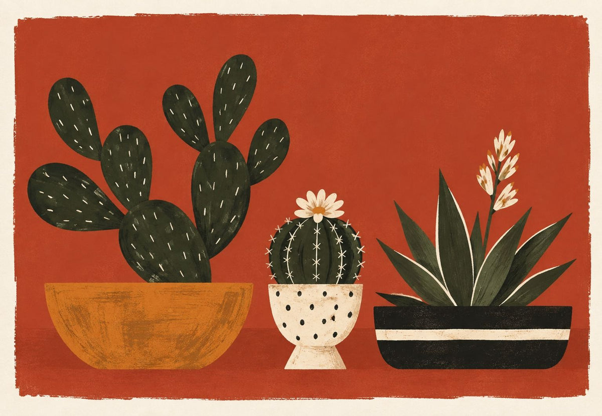 Trío de cactus y suculenta sobre fondo rojo terracota (Horizontal)