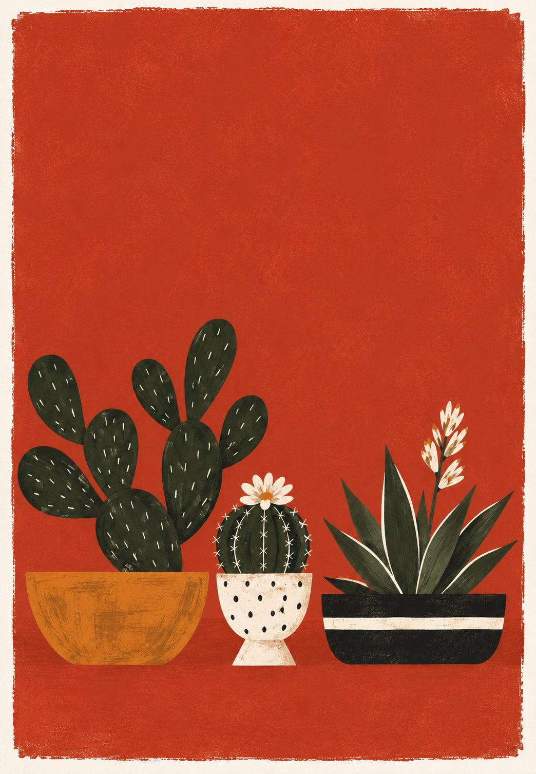 Trio de cactus et plante grasse sur fond rouge terracotta
