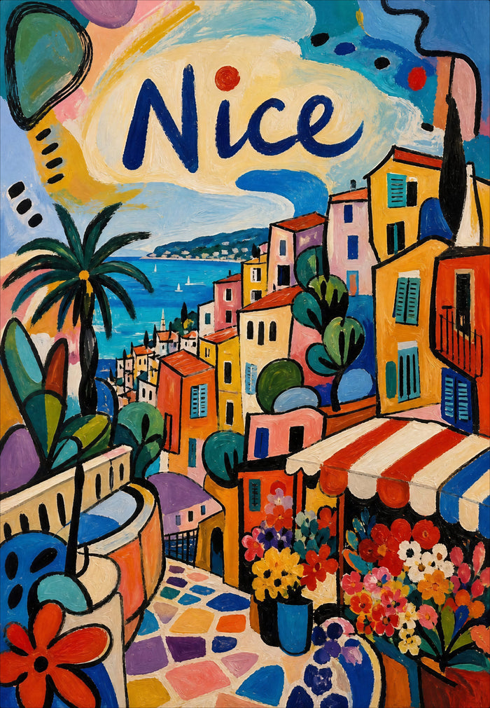Affiche colorée de Nice avec marché aux fleurs, maisons méditerranéennes et baie bleue