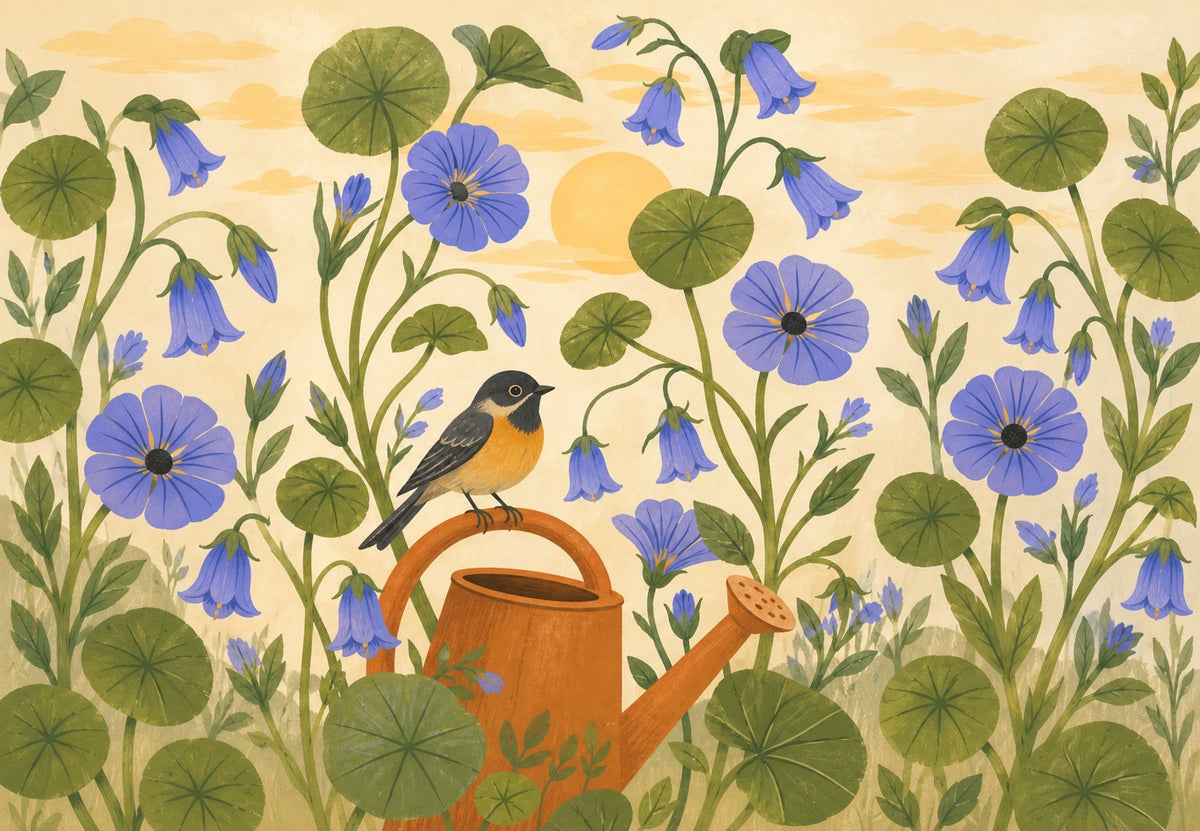 Der Vogel auf der Gießkanne (Querformat)