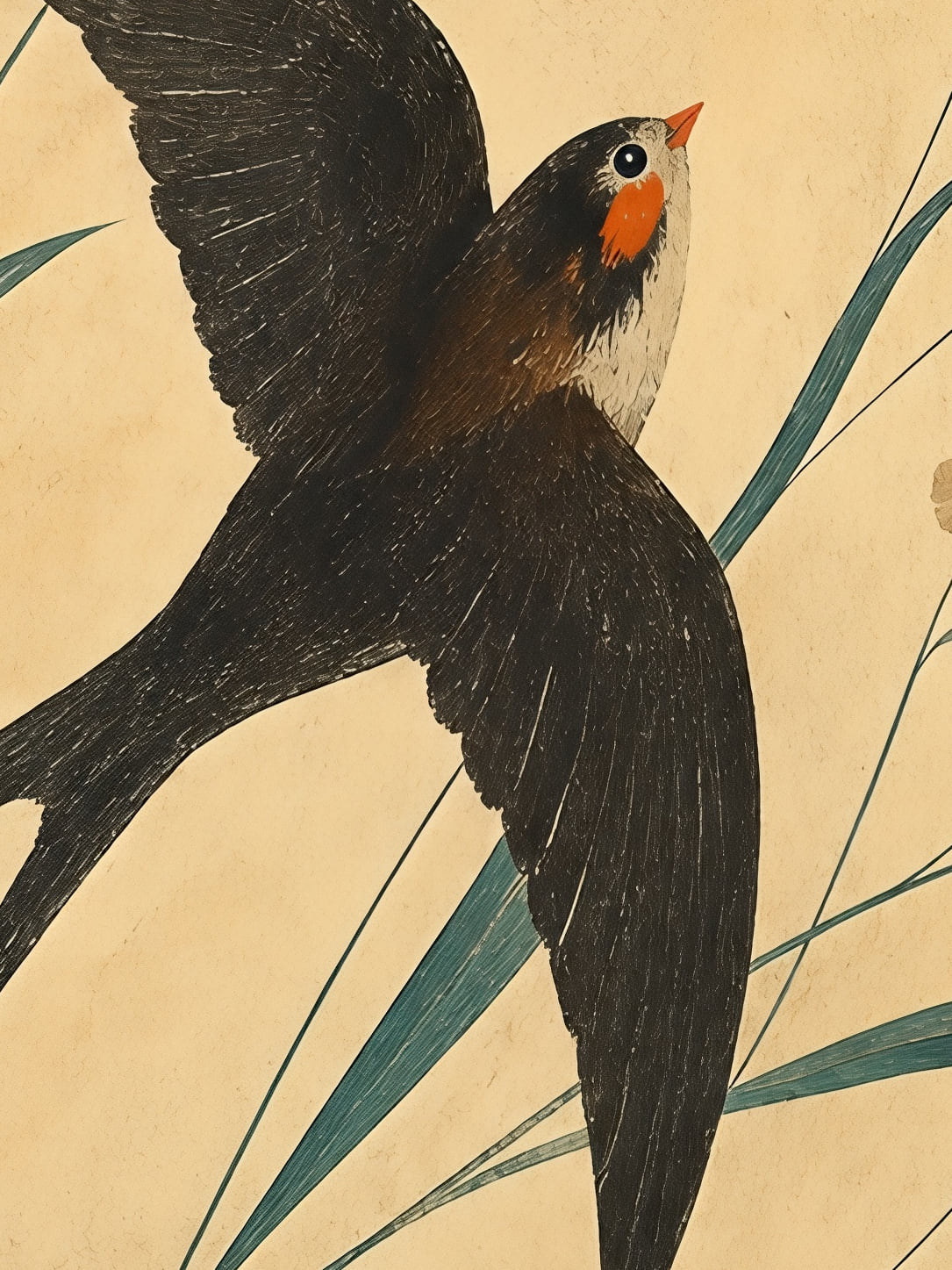 Detail a taille reelle du tirage, affiche oiseaux hirondelles botaniques