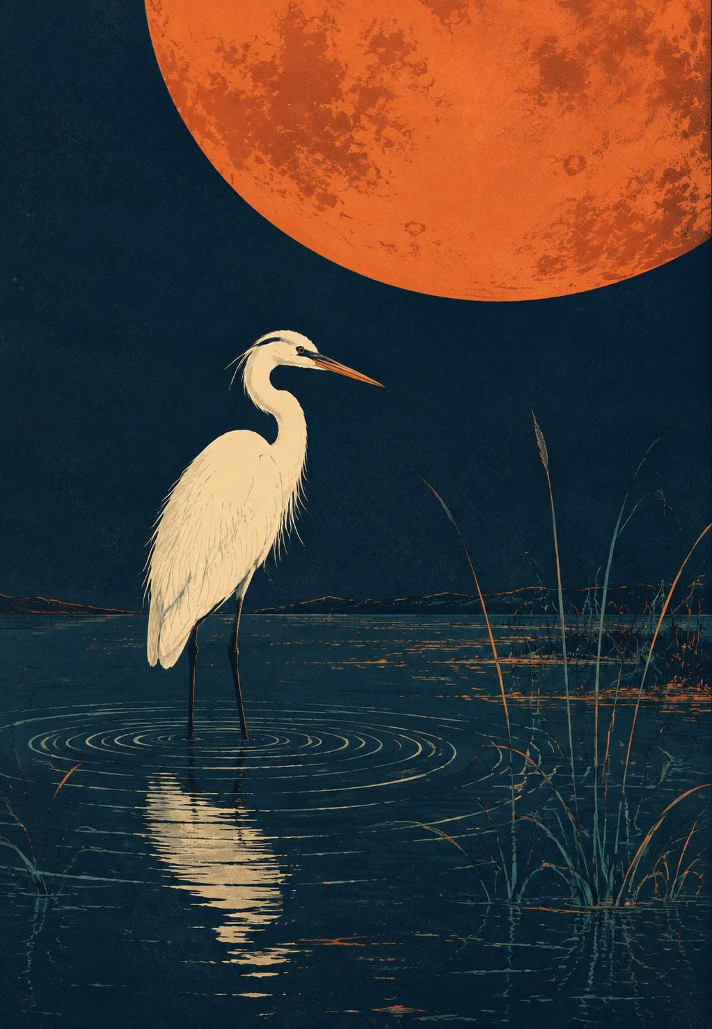 Der Reiher unter dem rostroten Mond