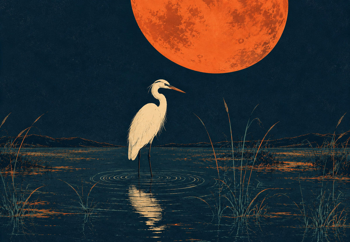 Le héron sous la lune rousse (Paysage)