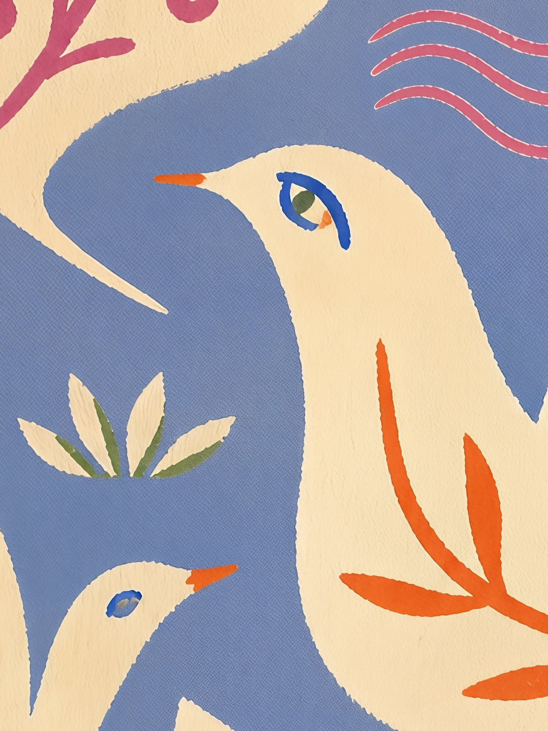 Detail a taille reelle du tirage, affiche oiseaux oiseaux folk bleu