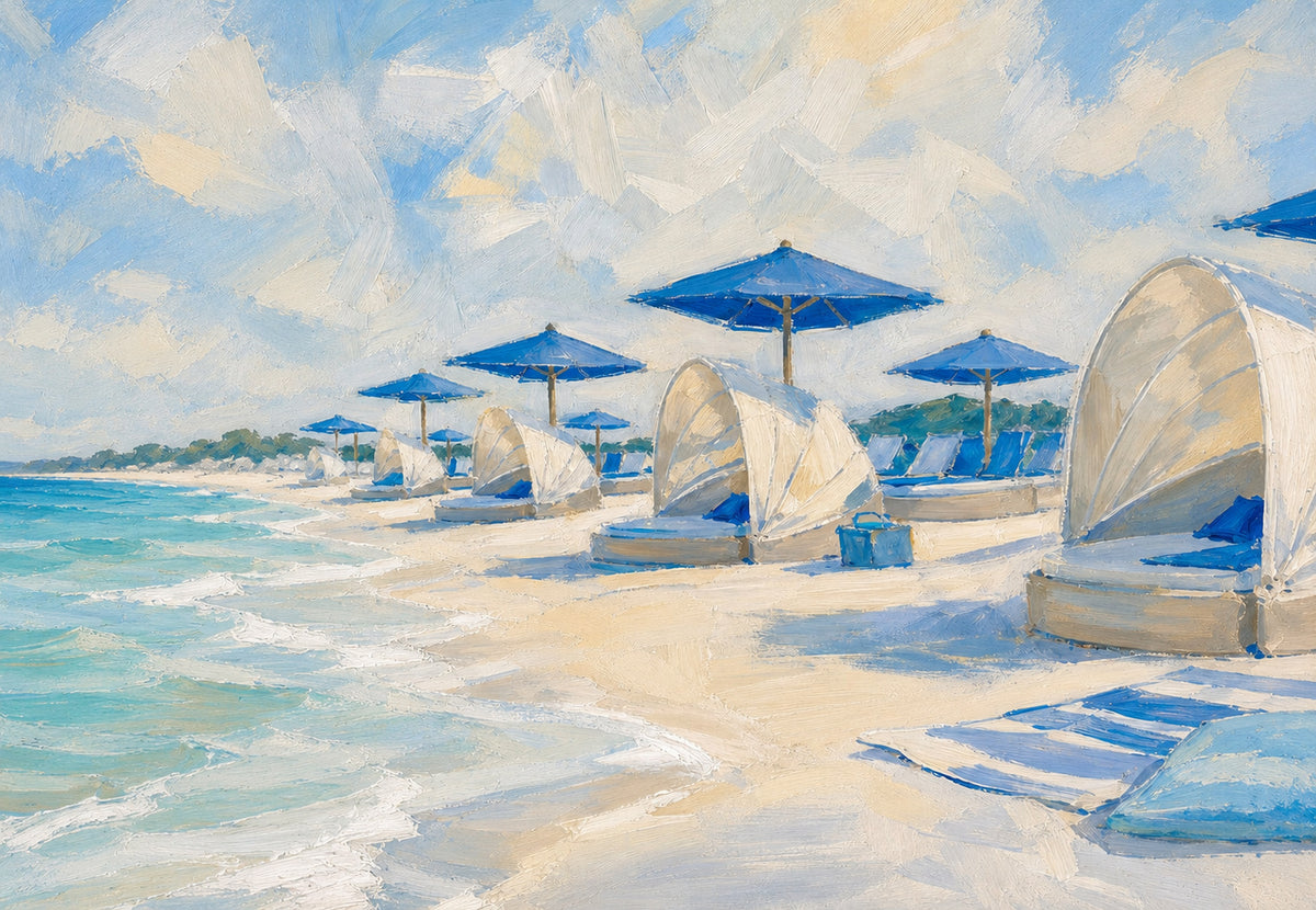Blaue Sonnenschirme im Sand (Querformat)
