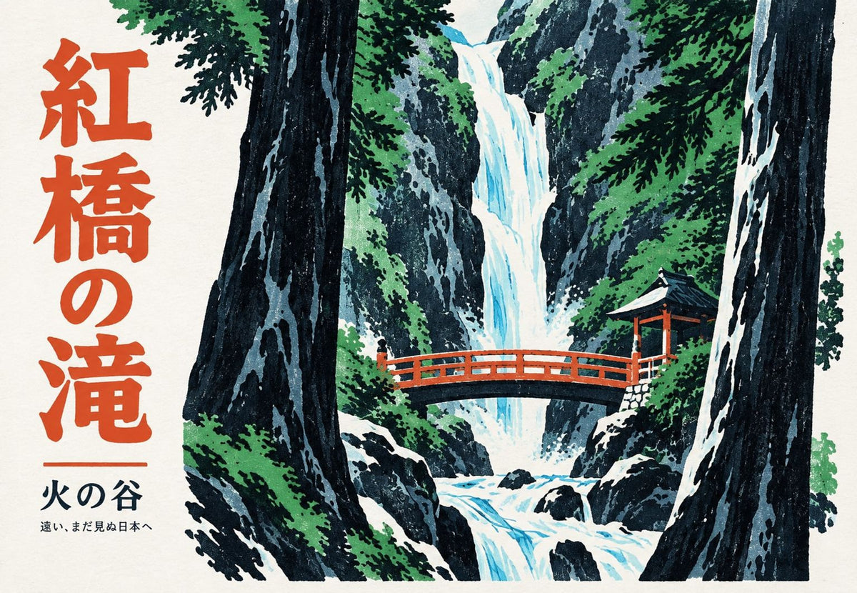 Wasserfall und rote Brücke im japanischen Wald