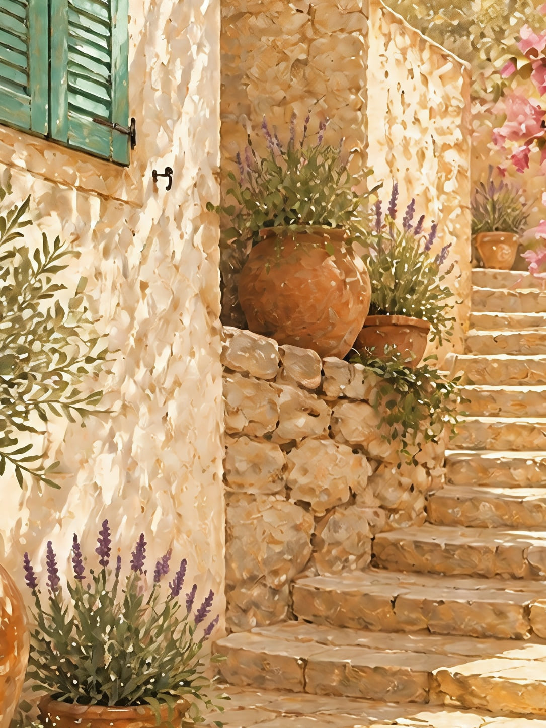Detail a taille reelle du tirage, affiche paysage l escalier aux bougainvillees paysage