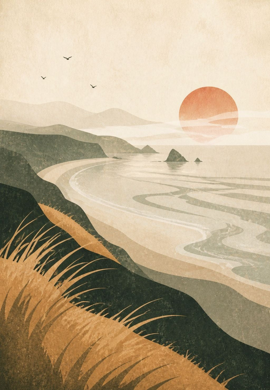 Die Kurve der Bucht bei Sonnenuntergang