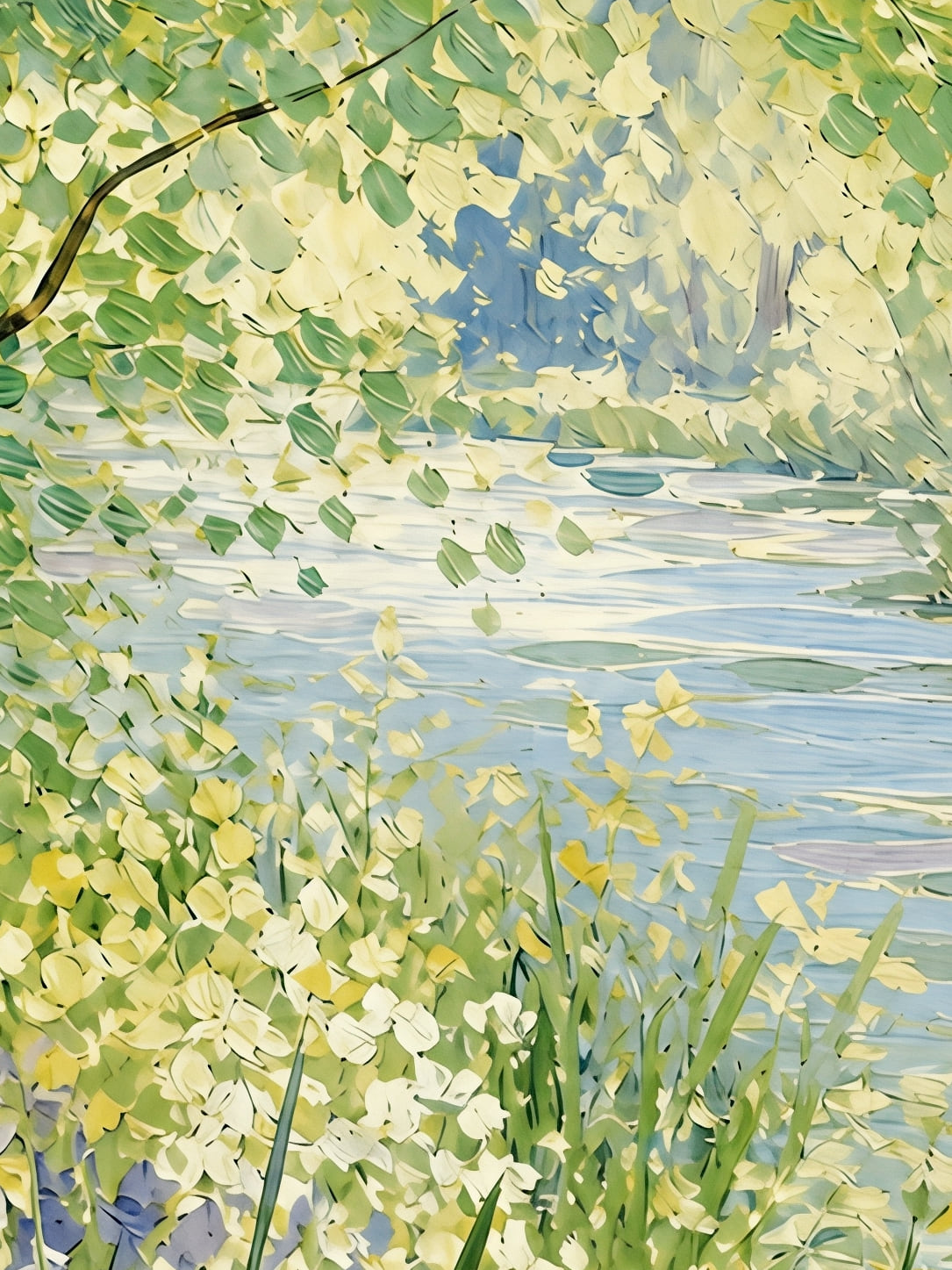 Detail a taille reelle du tirage, affiche paysage la riviere au printemps