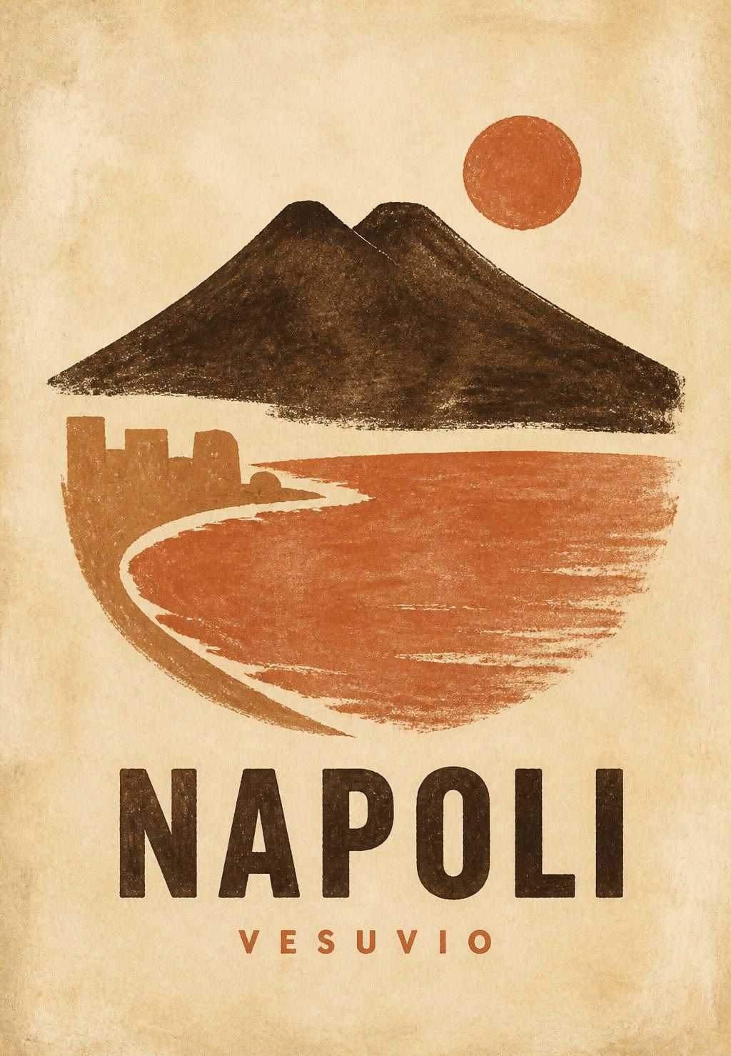 Vesuvius och bukten under en orange sol