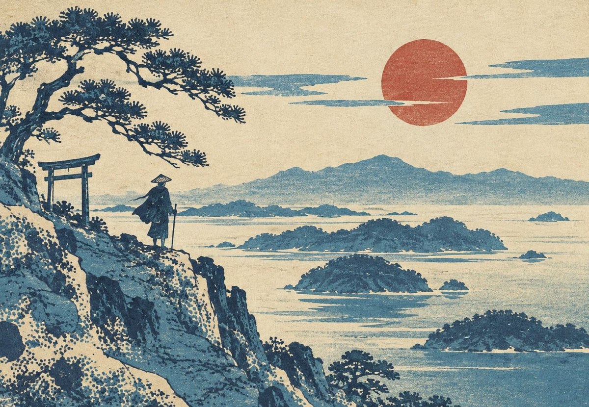 The traveler at the torii under the setting sun