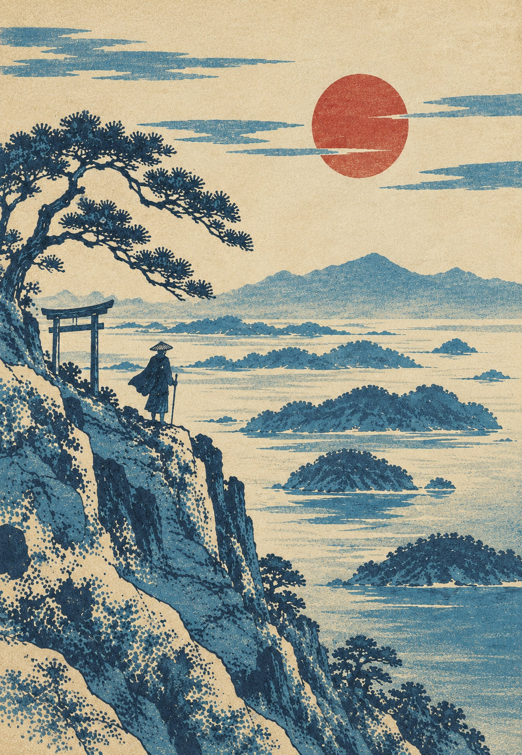 Der Wanderer am Torii bei untergehender Sonne