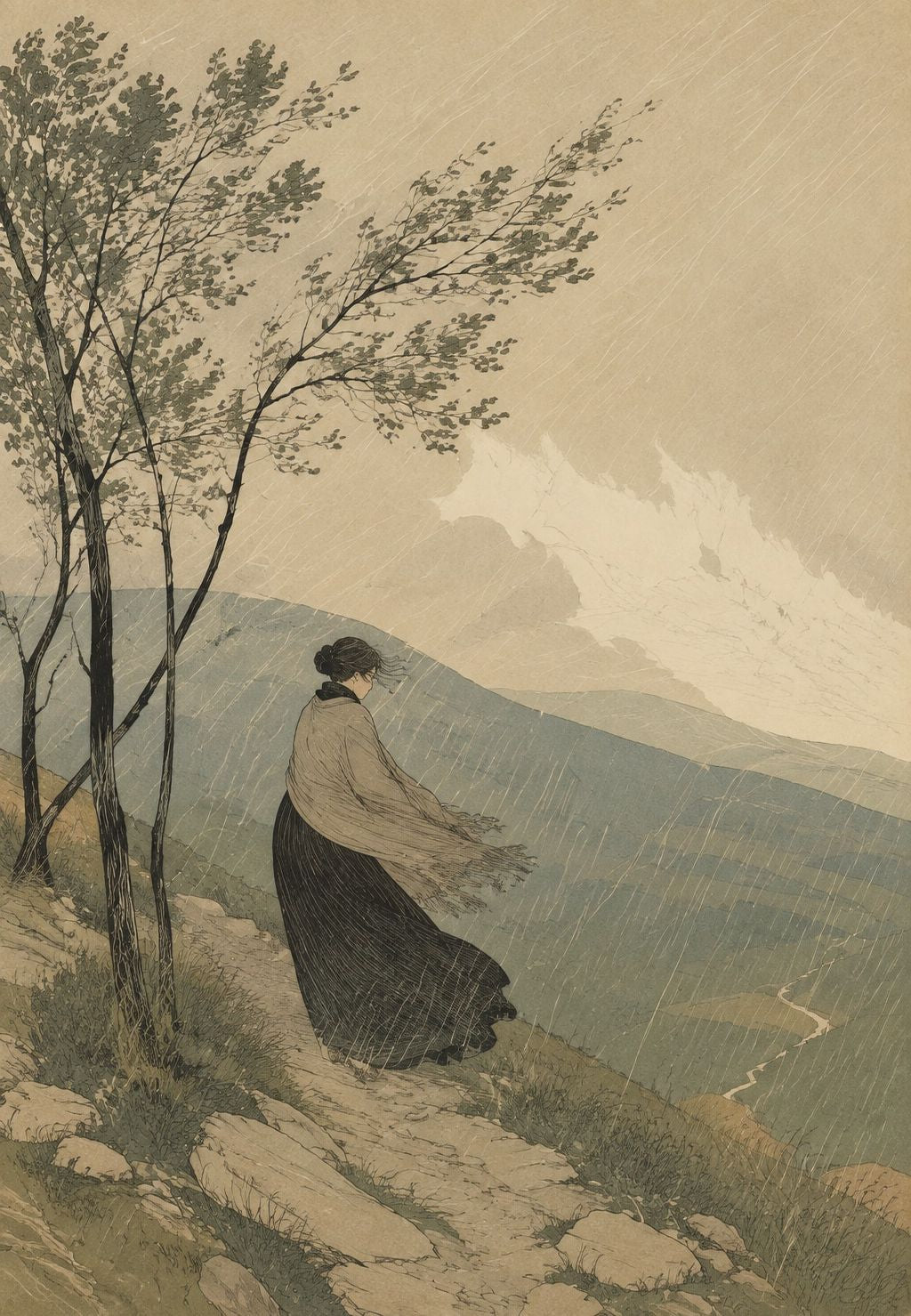 Caminhante à chuva nas Cévennes