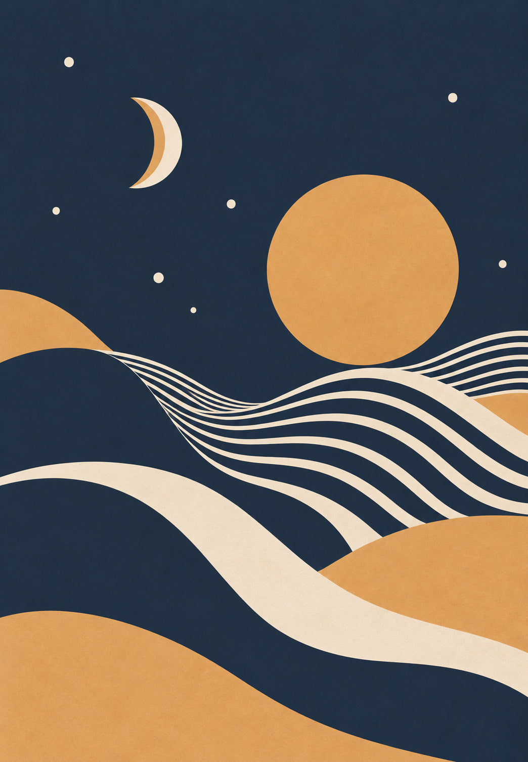 Soleil et lune sur vagues de sable doré