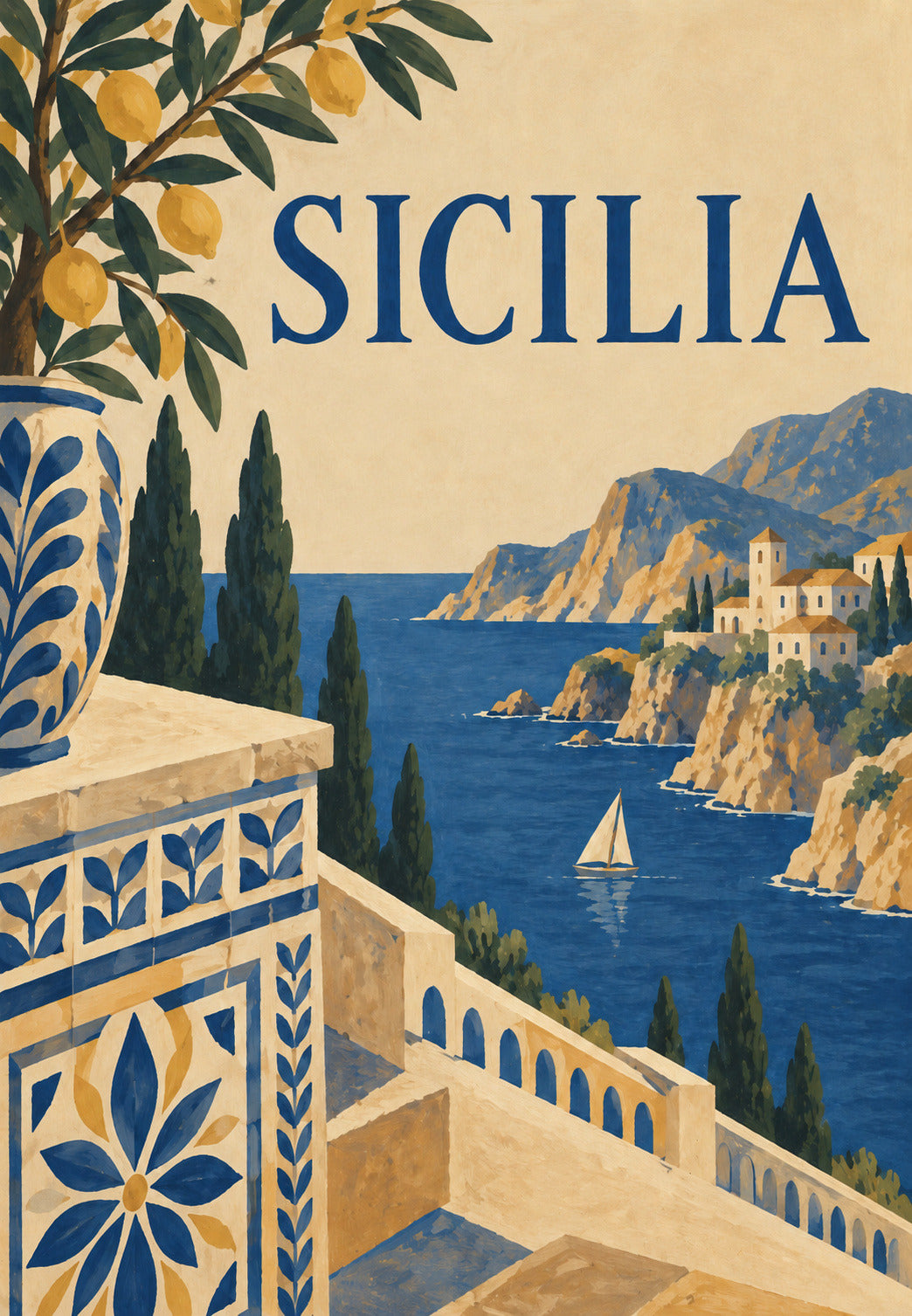 Zonnig terras boven de Siciliaanse kust