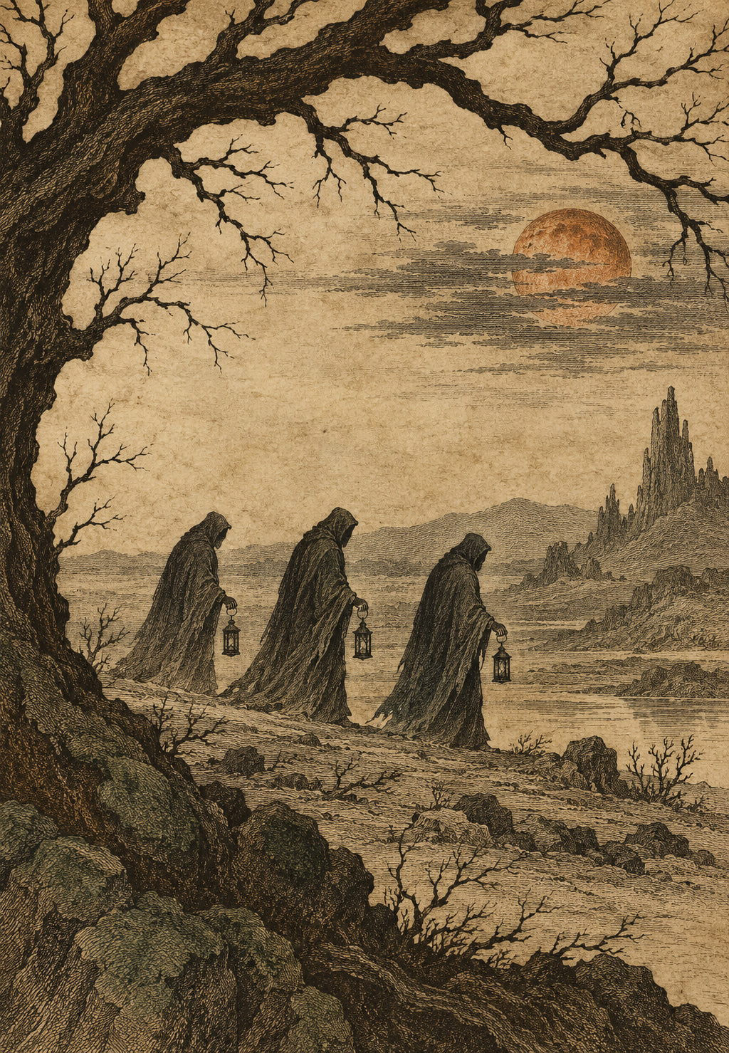 Three Lantern Bearers Beneath the Dead Tree