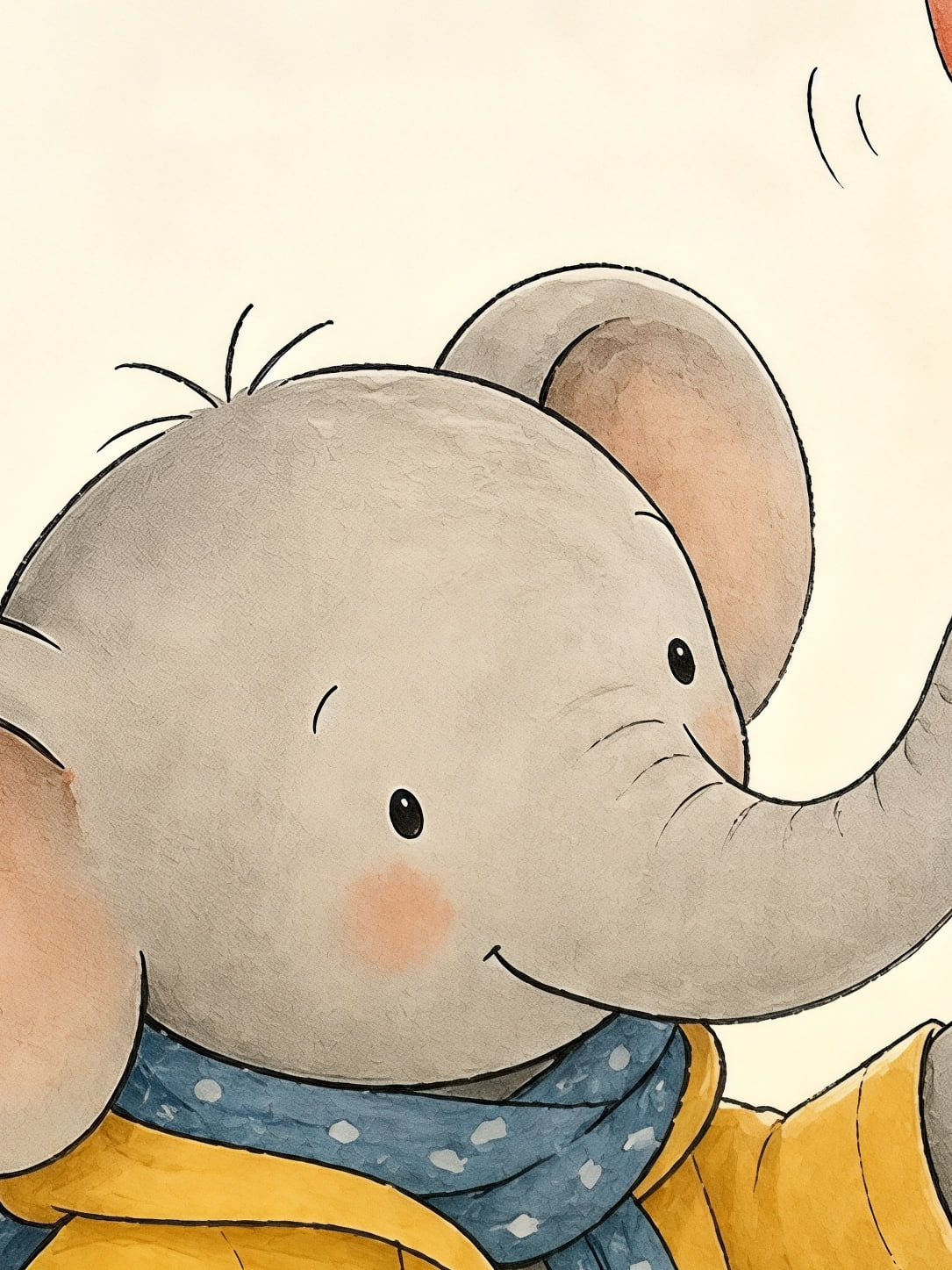 Detail a taille reelle du tirage, affiche petit elephant au moulinet