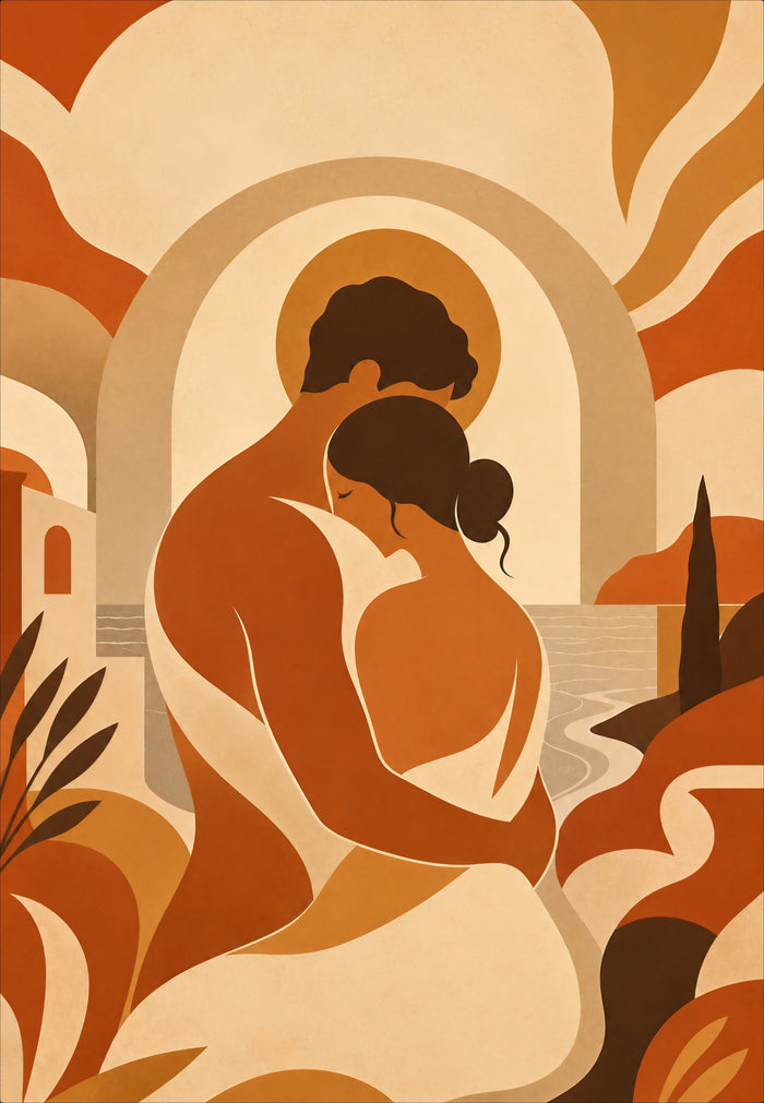 Illustration d'un couple enlacé sous un soleil orange, arche beige, cyprès et mer stylisée.