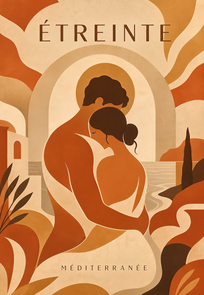 Affiche couple enlacé sous soleil orange avec paysage méditerranéen stylisé crème et ocre