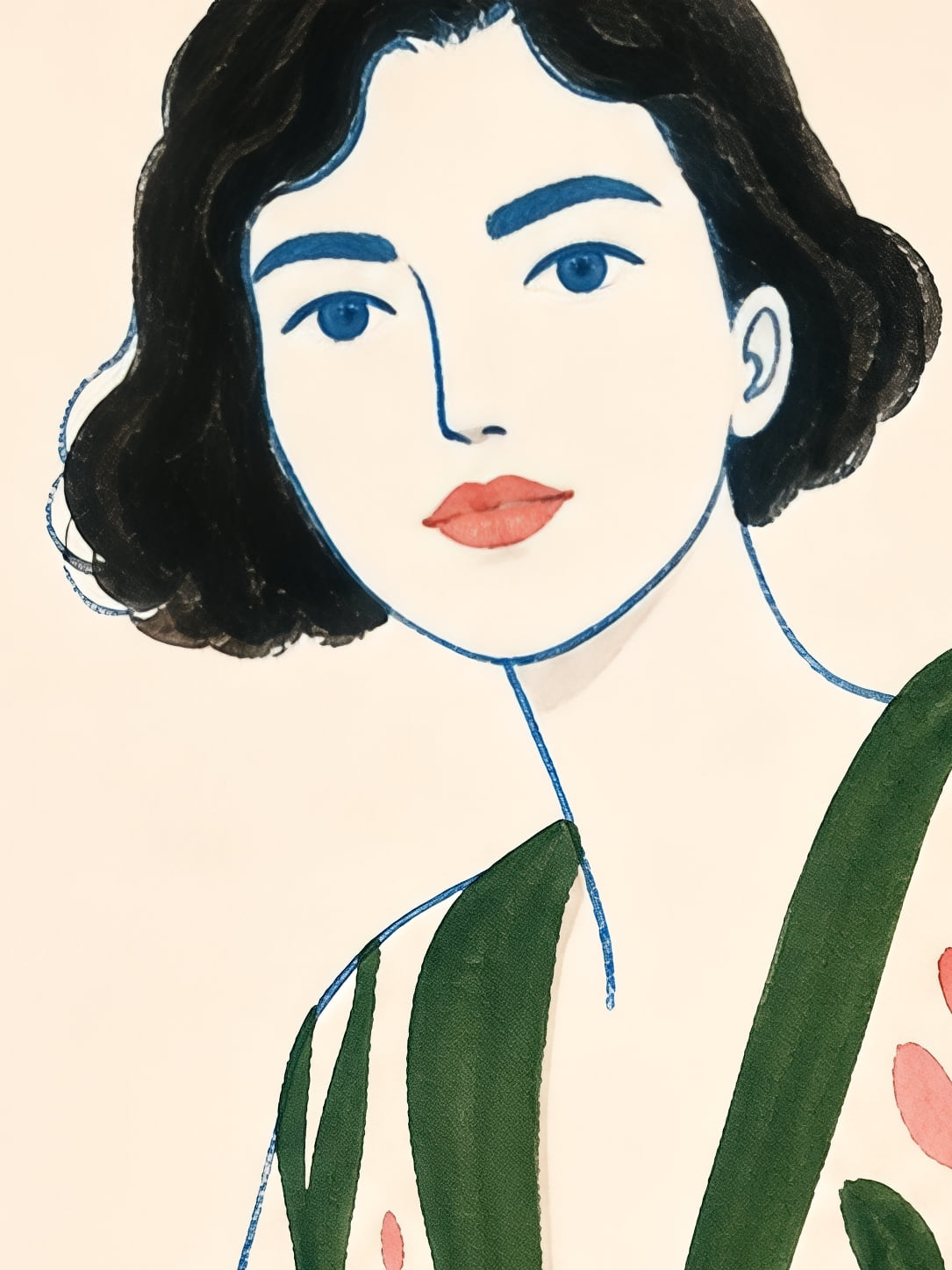 Detail a taille reelle du tirage, affiche portrait femme kimono floral vert