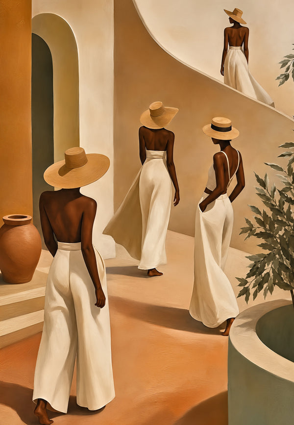Affiche femmes chapeaux de paille architecture méditerranéenne tons terracotta