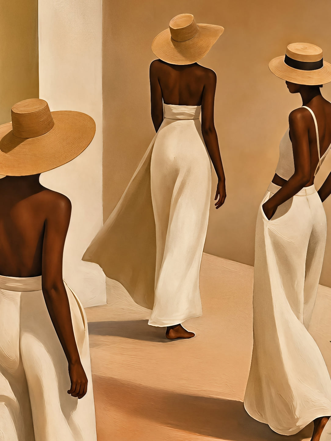 Detail a taille reelle du tirage, affiche portrait femmes chapeaux et murs terracotta paysage