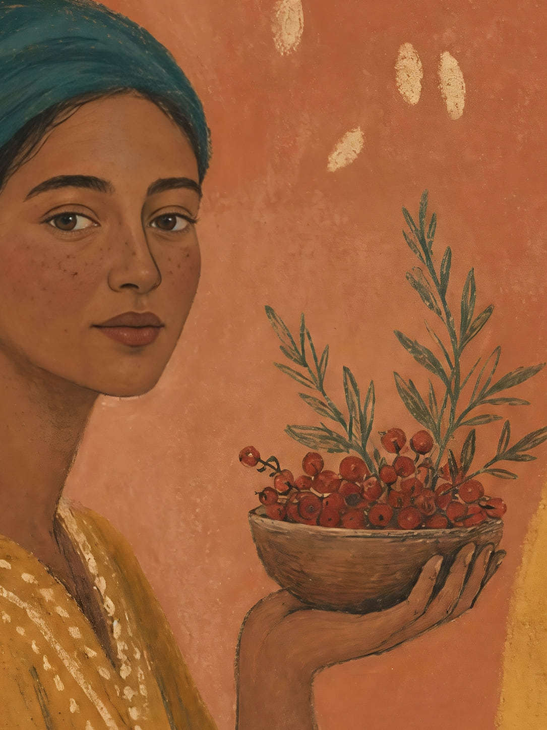 Detail a taille reelle du tirage, affiche portrait fille au foulard et baies rouges