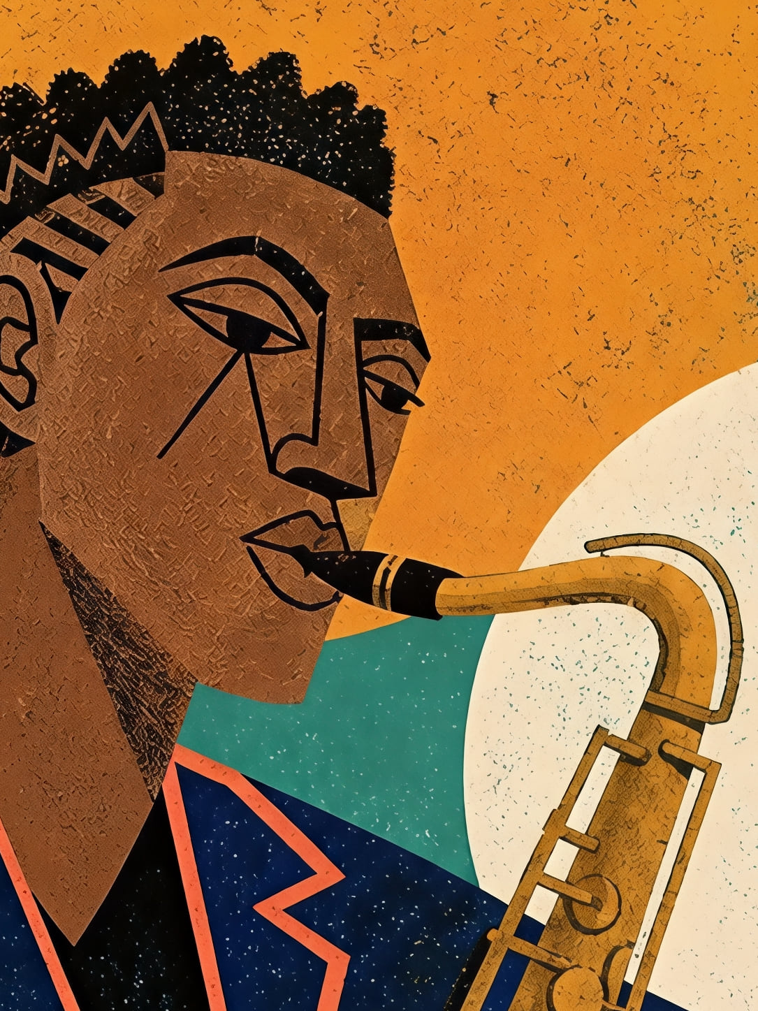 Detail a taille reelle du tirage, affiche portrait saxophoniste au disque jaune