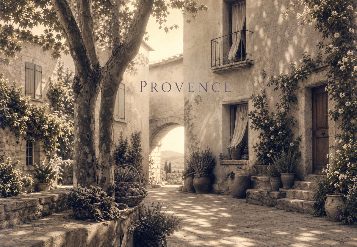 Provence - Der schattige Hof mit den Feigenkörben (Querformat)