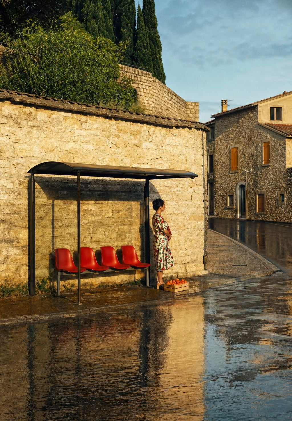 Provence - Das Blumenkleid unter dem Wartehäuschen am Morgen